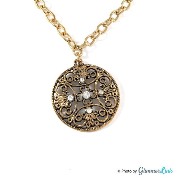 Round Scrollwork Filigree Gold Tone Pendant Necklace - Picture 8 of 13